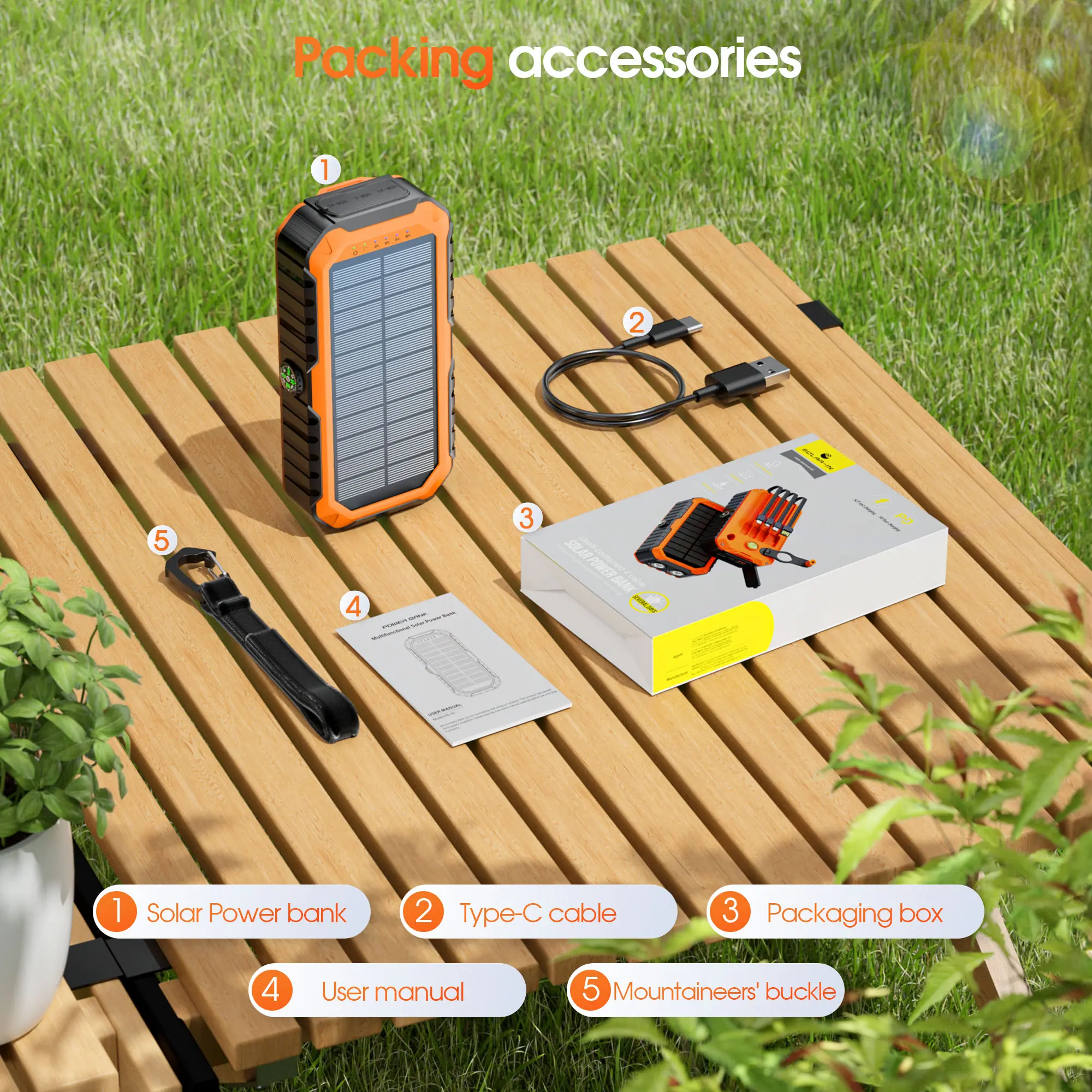 Batería externa Diamuar Solar Charger Power Bank de 40000 mAh con 4 cables y manivela integrados, cargador portátil de 22,5 W de carga rápida con 6 salidas y 4 entradas, linterna brillante y brújula.