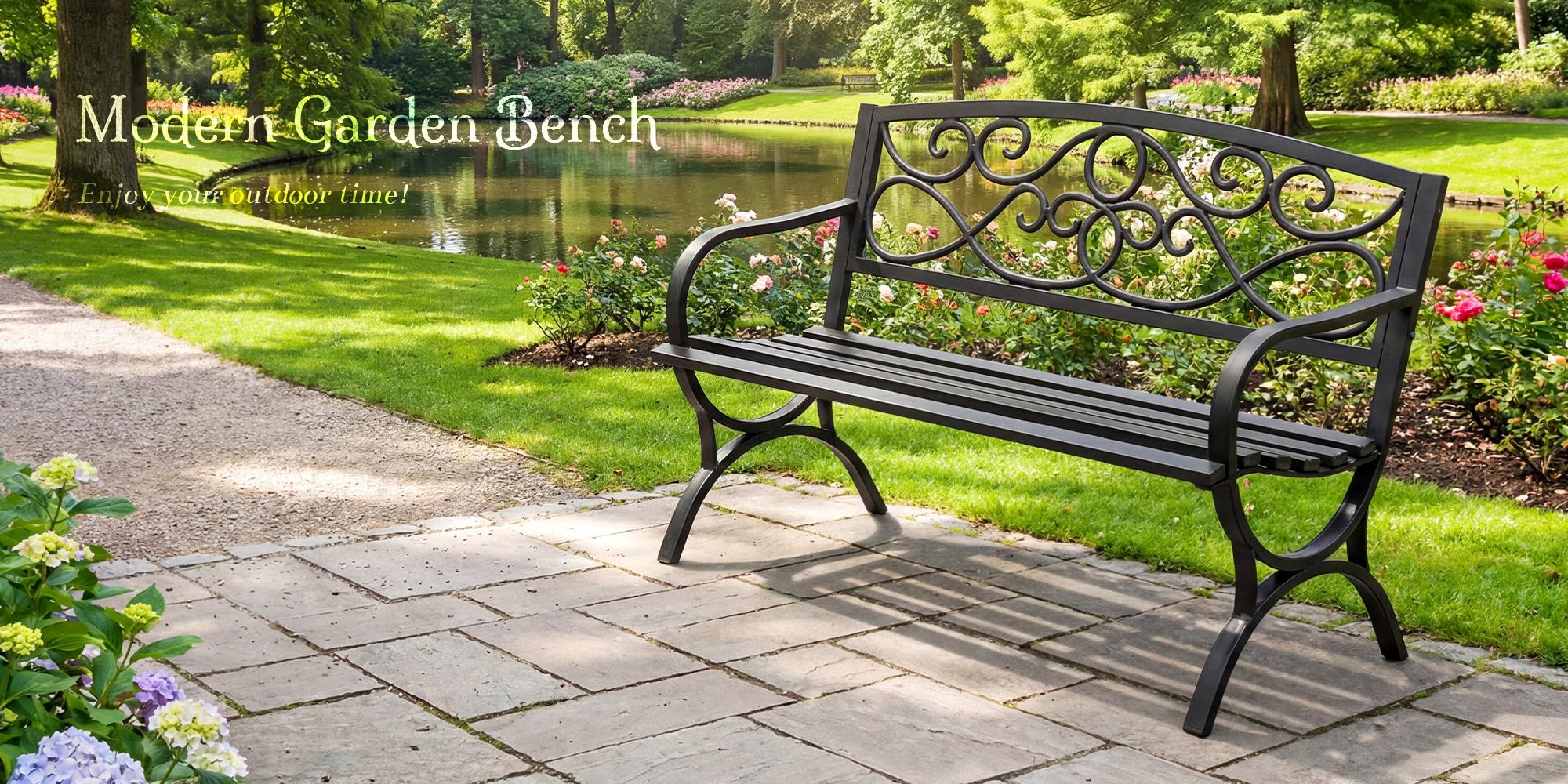Outdoor Park Bench, Metal Frame Freestanding with Floral Pattern Backrest for Patio, Garden Outdoor Park Bench, Metal Frame Freestanding with Floral Pattern Backrest for Patio, Garden