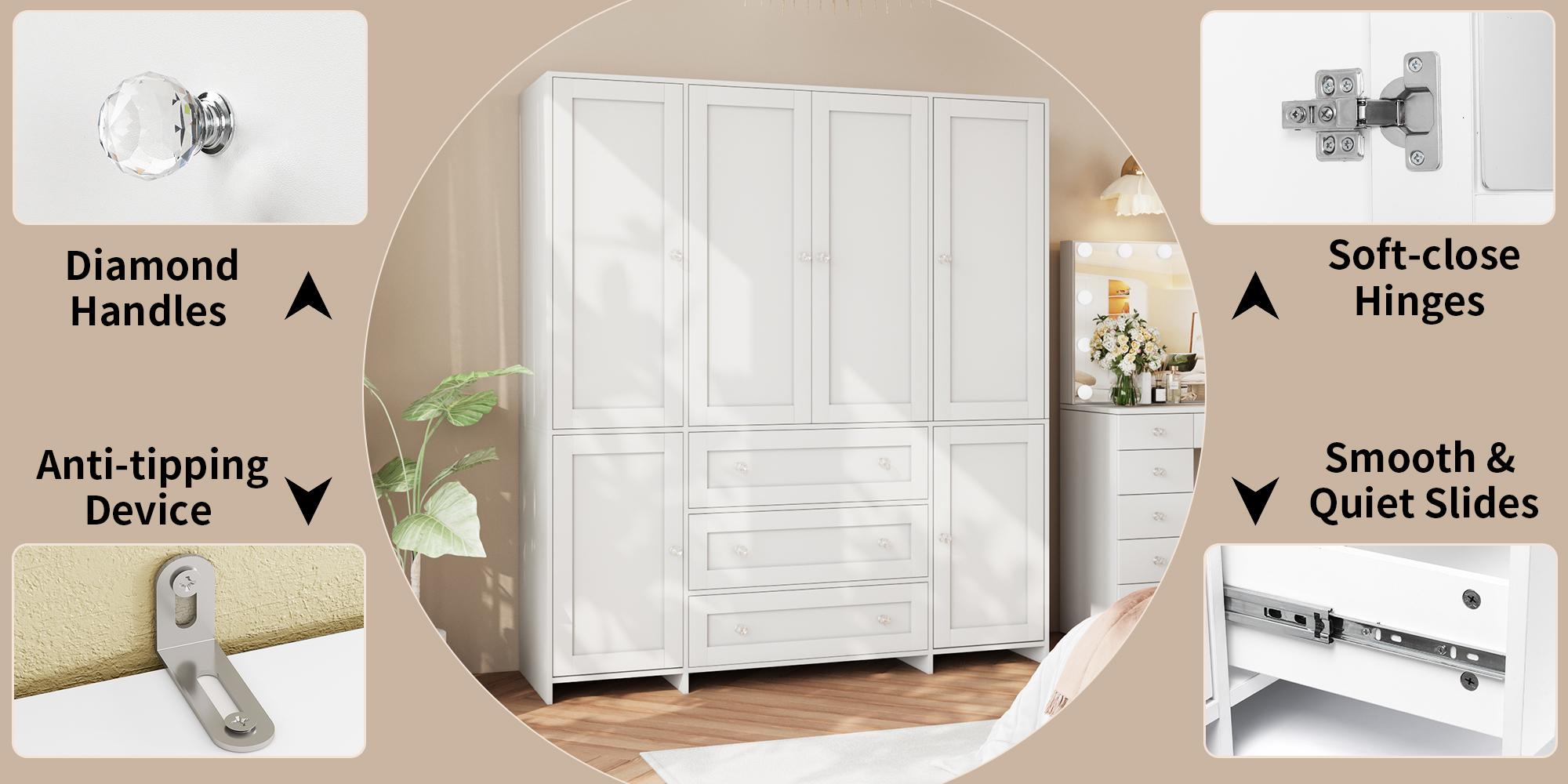 VOWNER Large 4 Doors Wooden Wardrobe Bedroom Tall Armoire Closet Organizer with Big Drawers Mirror Hanging Rails and Shelves Clothes Storage Cabinet for Bedroom VOWNER Large 4 Doors Wooden Wardrobe Bedroom Tall Armoire Closet Organizer with Big Drawers Mirror Hanging Rails and Shelves Clothes Storage Cabinet for Bedroom