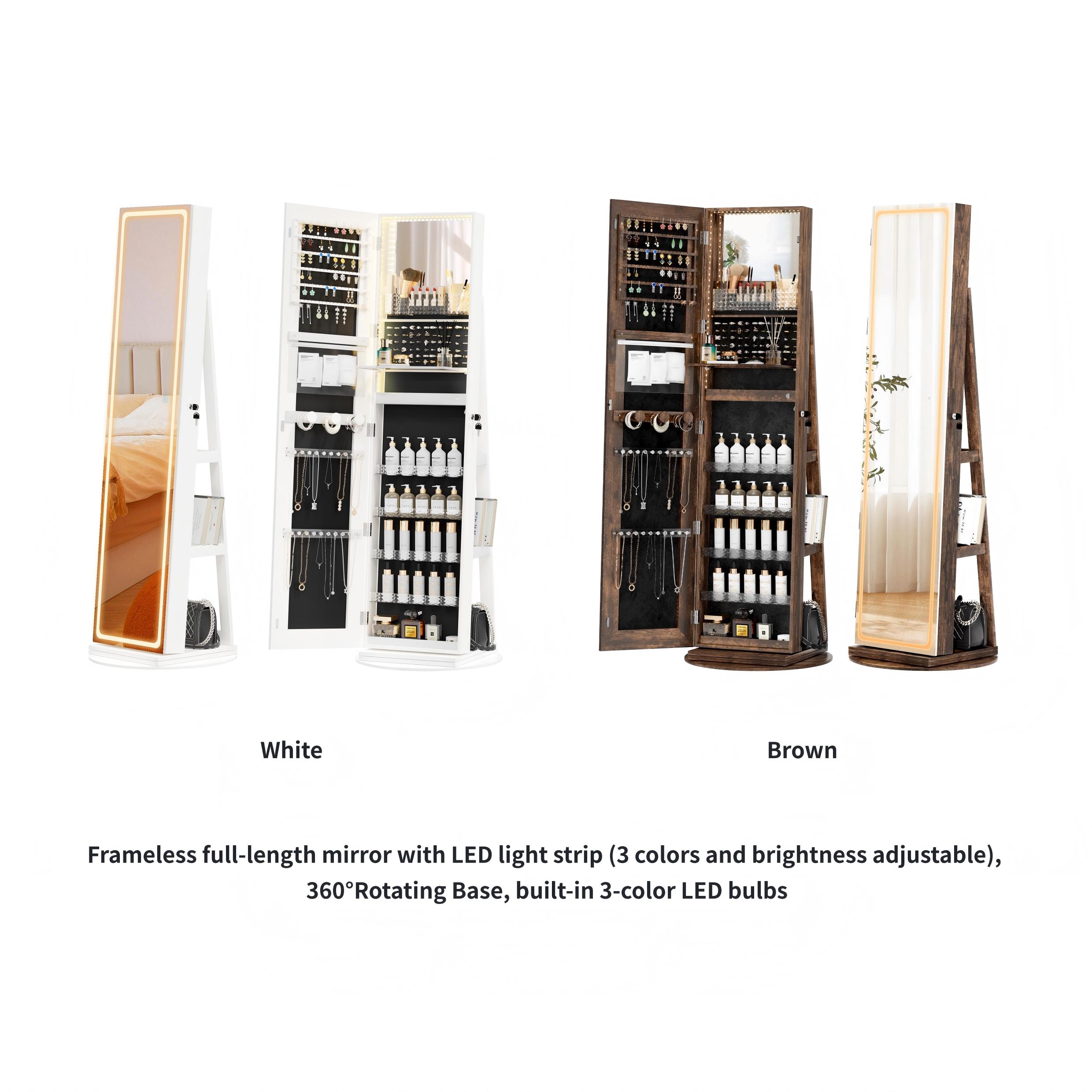 Summervibes LHBCRAFT 360° Swivel Jewelry Cabinet with LED Light, mirror cabinet, jewelry armoire, Mirror with Storage, Standing Jewelry Armoire Organizer gift idea Summervibes LHBCRAFT 360° Swivel Jewelry Cabinet with LED Light, mirror cabinet, jewelry armoire, Mirror with Storage, Standing Jewelry Armoire Organizer gift idea