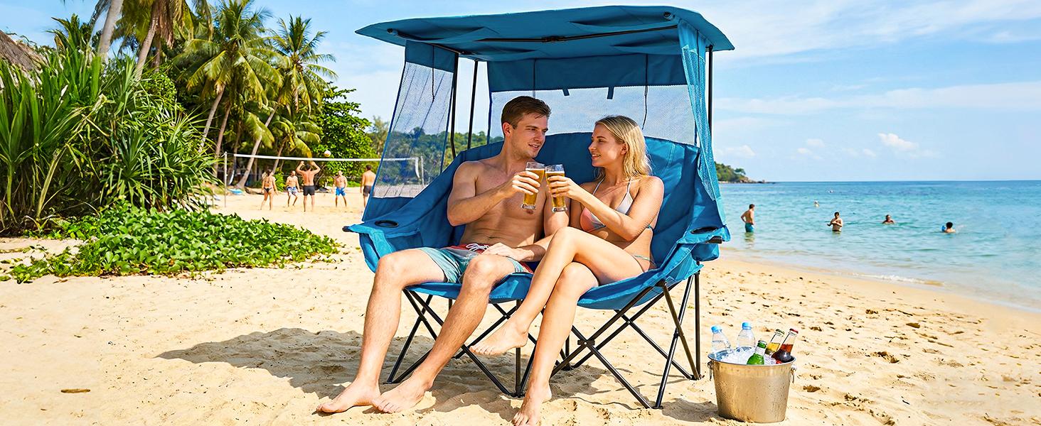 ABORON XXL Double Camping Chair with Shade Canopy, Fully Padded Folding Camping Loveseat , Oversized Camping Bench Lawn Chairs Patio Lounge Chairs for Adults summerwins ABORON XXL Double Camping Chair with Shade Canopy, Fully Padded Folding Camping Loveseat , Oversized Camping Bench Lawn Chairs Patio Lounge Chairs for Adults summerwins