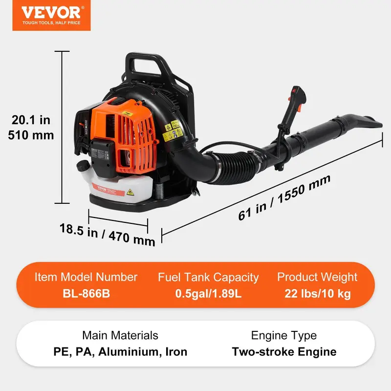 Soplador de hojas de gasolina de mochila VEVOR, 3 tamaños (79 cc/62 cc/52 cc), soplador de gasolina de 2 tiempos con tanque de combustible de 3 litros, ideal para el cuidado del césped.