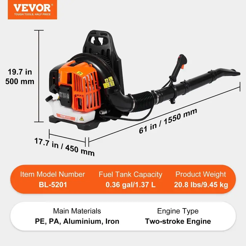 Soplador de hojas de gasolina de mochila VEVOR, 3 tamaños (79 cc/62 cc/52 cc), soplador de gasolina de 2 tiempos con tanque de combustible de 3 litros, ideal para el cuidado del césped.