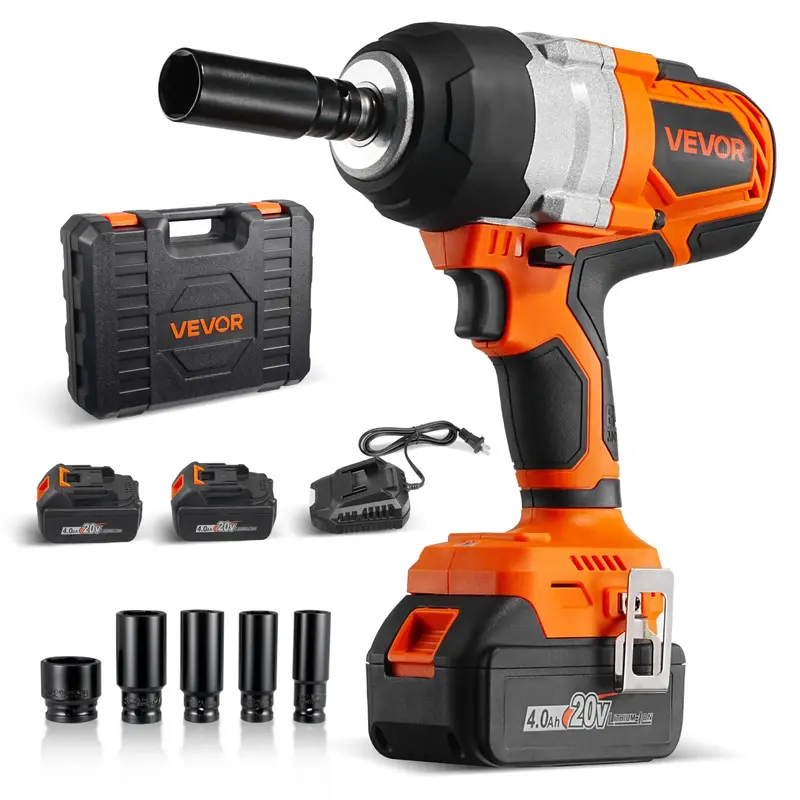 Llave de impacto inalámbrica, 958.8 ft-lbs / 1300 N·m de alto torque, 1/2 pulgada, llave de impacto eléctrica de 20 V con motor sin escobillas, 2 baterías de 4 Ah, cargador, 5 vasos y clip para cinturón, para neumáticos de automóviles y camiones.