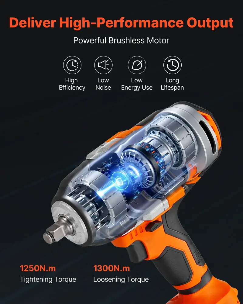 Llave de impacto inalámbrica, 958.8 ft-lbs / 1300 N·m de alto torque, 1/2 pulgada, llave de impacto eléctrica de 20 V con motor sin escobillas, 2 baterías de 4 Ah, cargador, 5 vasos y clip para cinturón, para neumáticos de automóviles y camiones.