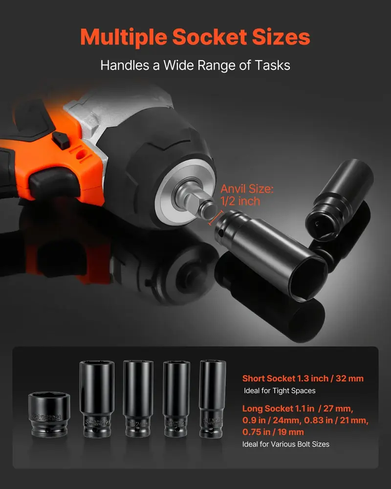 Llave de impacto inalámbrica, 958.8 ft-lbs / 1300 N·m de alto torque, 1/2 pulgada, llave de impacto eléctrica de 20 V con motor sin escobillas, 2 baterías de 4 Ah, cargador, 5 vasos y clip para cinturón, para neumáticos de automóviles y camiones.