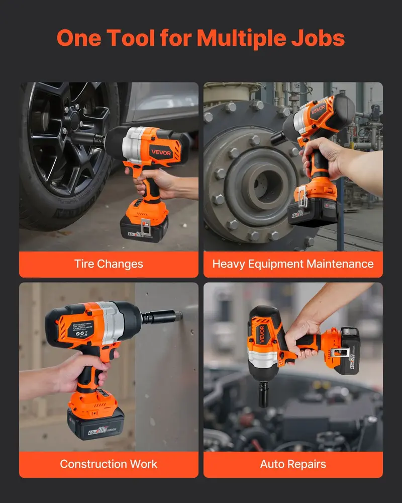 Llave de impacto inalámbrica, 958.8 ft-lbs / 1300 N·m de alto torque, 1/2 pulgada, llave de impacto eléctrica de 20 V con motor sin escobillas, 2 baterías de 4 Ah, cargador, 5 vasos y clip para cinturón, para neumáticos de automóviles y camiones.