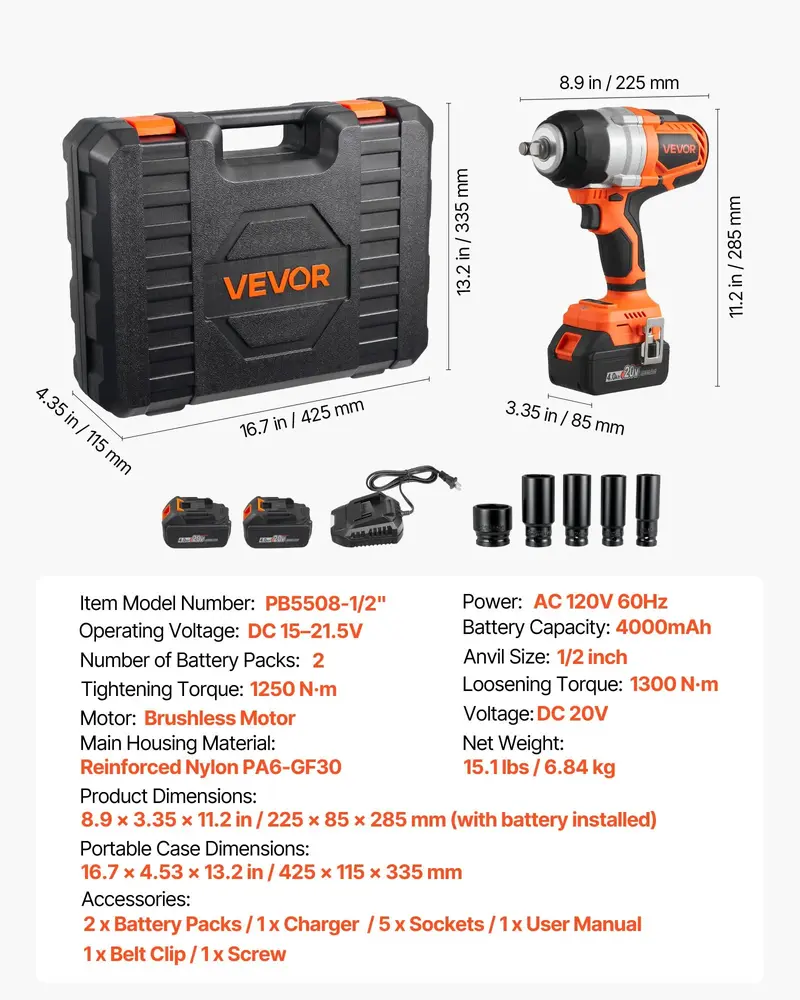 Llave de impacto inalámbrica, 958.8 ft-lbs / 1300 N·m de alto torque, 1/2 pulgada, llave de impacto eléctrica de 20 V con motor sin escobillas, 2 baterías de 4 Ah, cargador, 5 vasos y clip para cinturón, para neumáticos de automóviles y camiones.