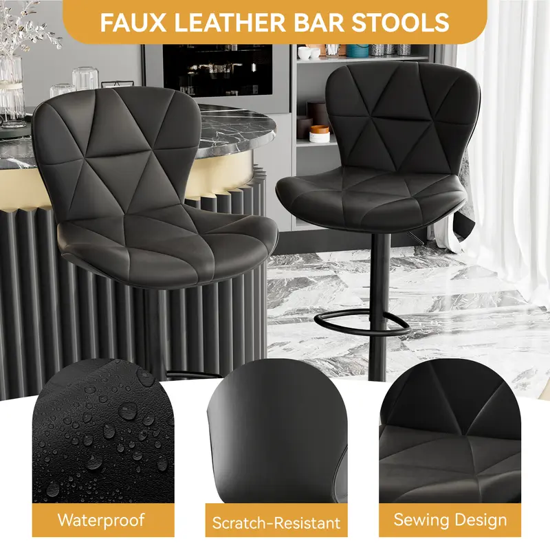 Taburetes de bar modernos, taburetes giratorios ajustables tapizados en piel sintética, sillas de bar altas con respaldo para isla de cocina, color negro.