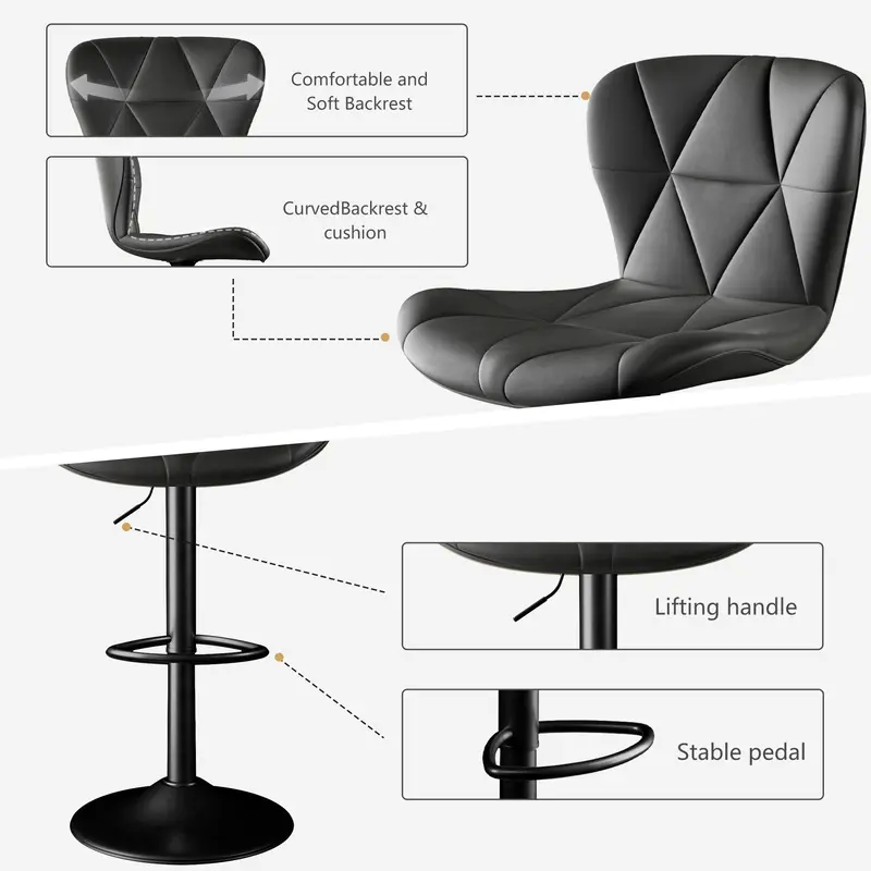 Taburetes de bar modernos, taburetes giratorios ajustables tapizados en piel sintética, sillas de bar altas con respaldo para isla de cocina, color negro.