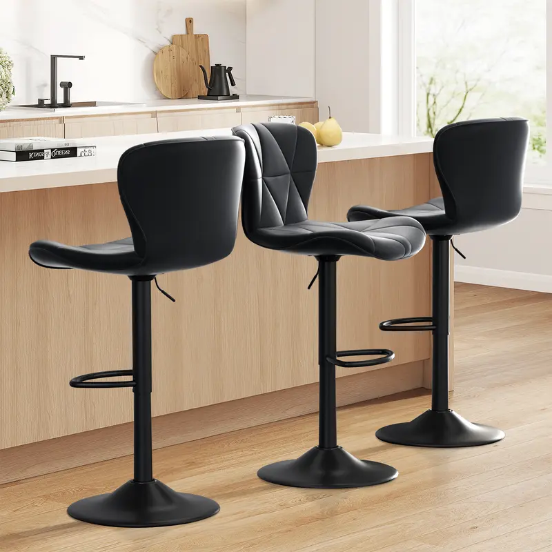 Taburetes de bar modernos, taburetes giratorios ajustables tapizados en piel sintética, sillas de bar altas con respaldo para isla de cocina, color negro.