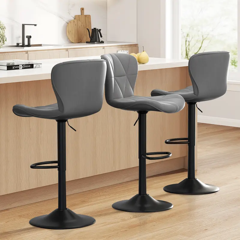 Taburetes de bar modernos, taburetes giratorios ajustables tapizados en piel sintética, sillas de bar altas con respaldo para isla de cocina, color negro.