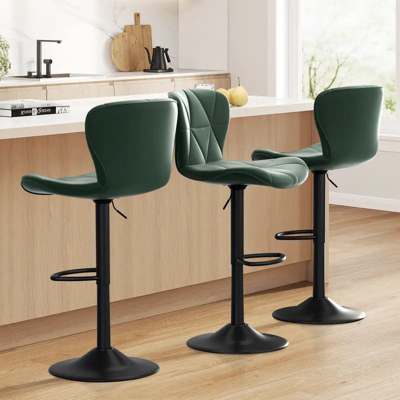 Taburetes de bar modernos, taburetes giratorios ajustables tapizados en piel sintética, sillas de bar altas con respaldo para isla de cocina, color negro.