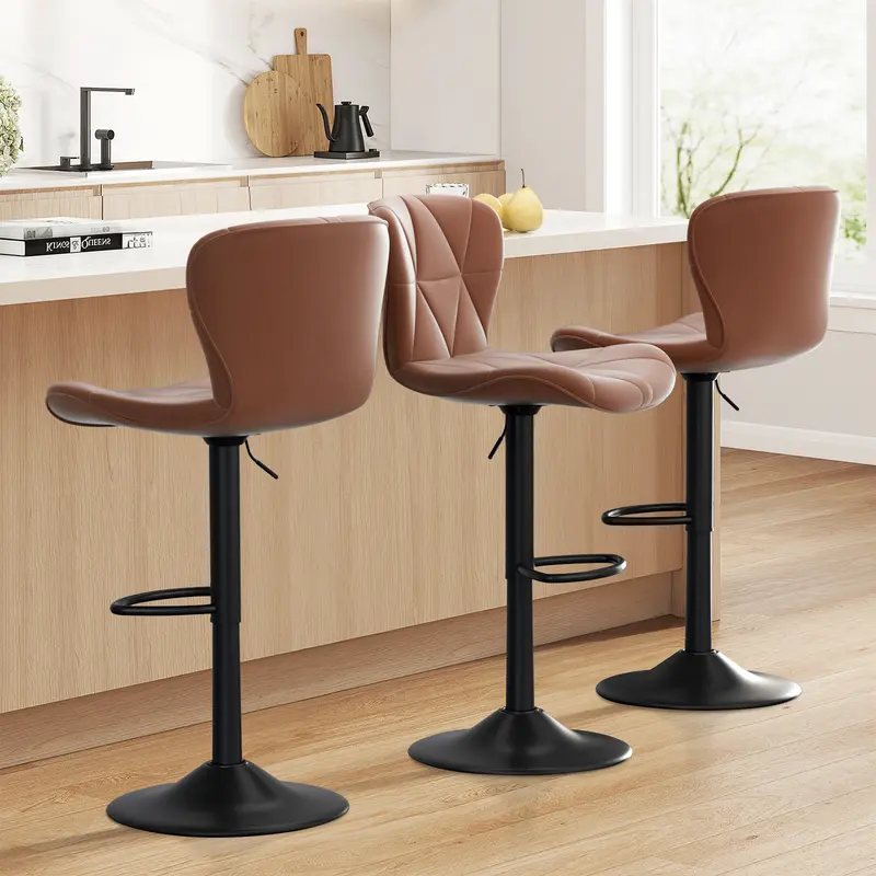 Taburetes de bar modernos, taburetes giratorios ajustables tapizados en piel sintética, sillas de bar altas con respaldo para isla de cocina, color negro.