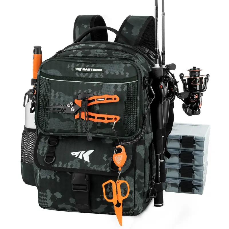 Mochila de pesca KastKing BaitSpace de 50 litros con organizador de cebo extraíble y 4 cajas de aparejos, soportes para cañas y almacenamiento de equipo de pesca.