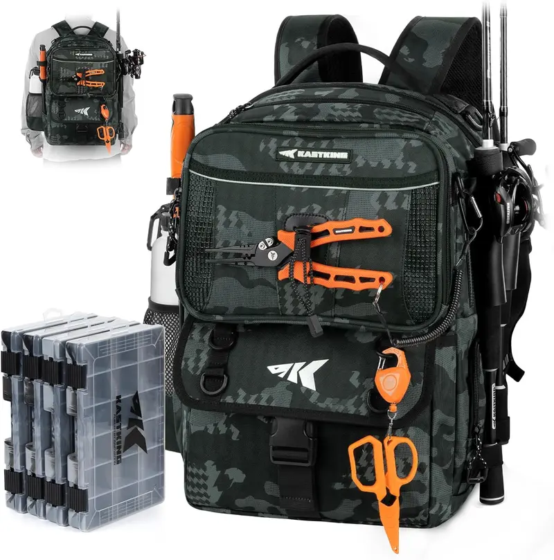 Mochila de pesca KastKing BaitSpace de 50 litros con organizador de cebo extraíble y 4 cajas de aparejos, soportes para cañas y almacenamiento de equipo de pesca.