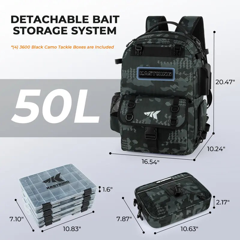 Mochila de pesca KastKing BaitSpace de 50 litros con organizador de cebo extraíble y 4 cajas de aparejos, soportes para cañas y almacenamiento de equipo de pesca.