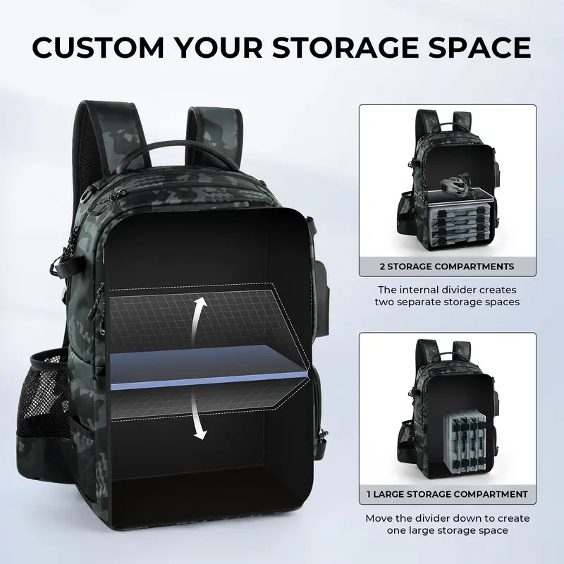 Mochila de pesca KastKing BaitSpace de 50 litros con organizador de cebo extraíble y 4 cajas de aparejos, soportes para cañas y almacenamiento de equipo de pesca.