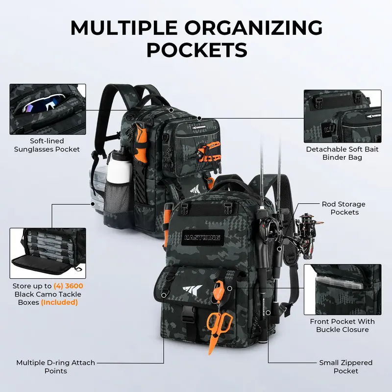 Mochila de pesca KastKing BaitSpace de 50 litros con organizador de cebo extraíble y 4 cajas de aparejos, soportes para cañas y almacenamiento de equipo de pesca.