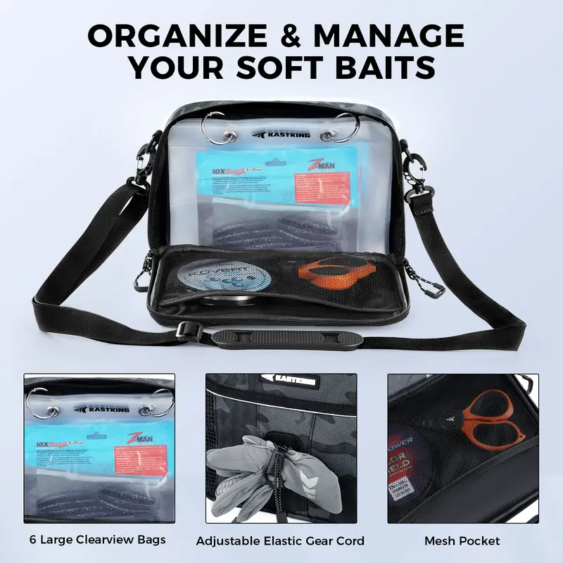 Mochila de pesca KastKing BaitSpace de 50 litros con organizador de cebo extraíble y 4 cajas de aparejos, soportes para cañas y almacenamiento de equipo de pesca.