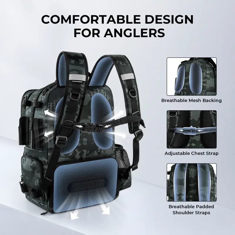 Mochila de pesca KastKing BaitSpace de 50 litros con organizador de cebo extraíble y 4 cajas de aparejos, soportes para cañas y almacenamiento de equipo de pesca.