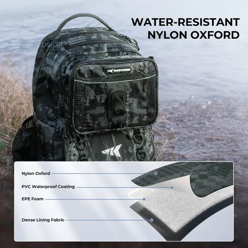 Mochila de pesca KastKing BaitSpace de 50 litros con organizador de cebo extraíble y 4 cajas de aparejos, soportes para cañas y almacenamiento de equipo de pesca.