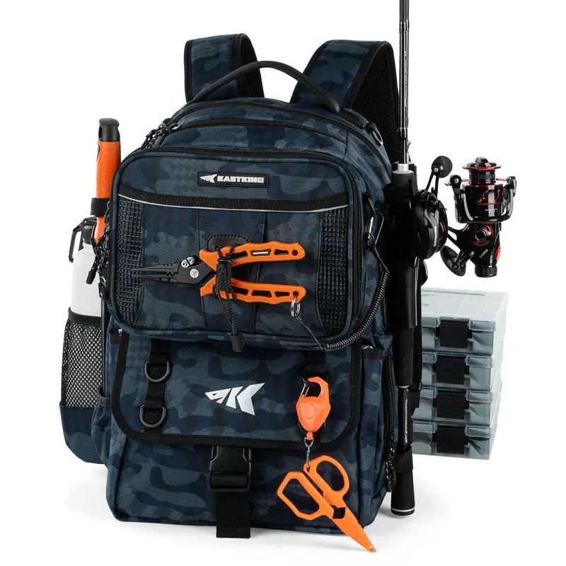 Mochila de pesca KastKing BaitSpace de 50 litros con organizador de cebo extraíble y 4 cajas de aparejos, soportes para cañas y almacenamiento de equipo de pesca.