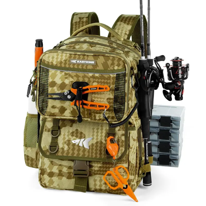 Mochila de pesca KastKing BaitSpace de 50 litros con organizador de cebo extraíble y 4 cajas de aparejos, soportes para cañas y almacenamiento de equipo de pesca.