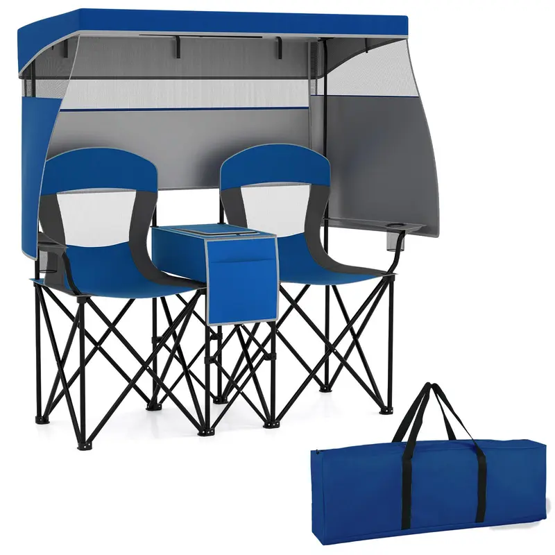 Silla de playa doble COSTWAY con toldo ajustable, silla de camping plegable extragrande con parasol enrollable, bolsa térmica, portavasos, bolsa de transporte, sofá portátil para 2 personas para pesca deportiva.