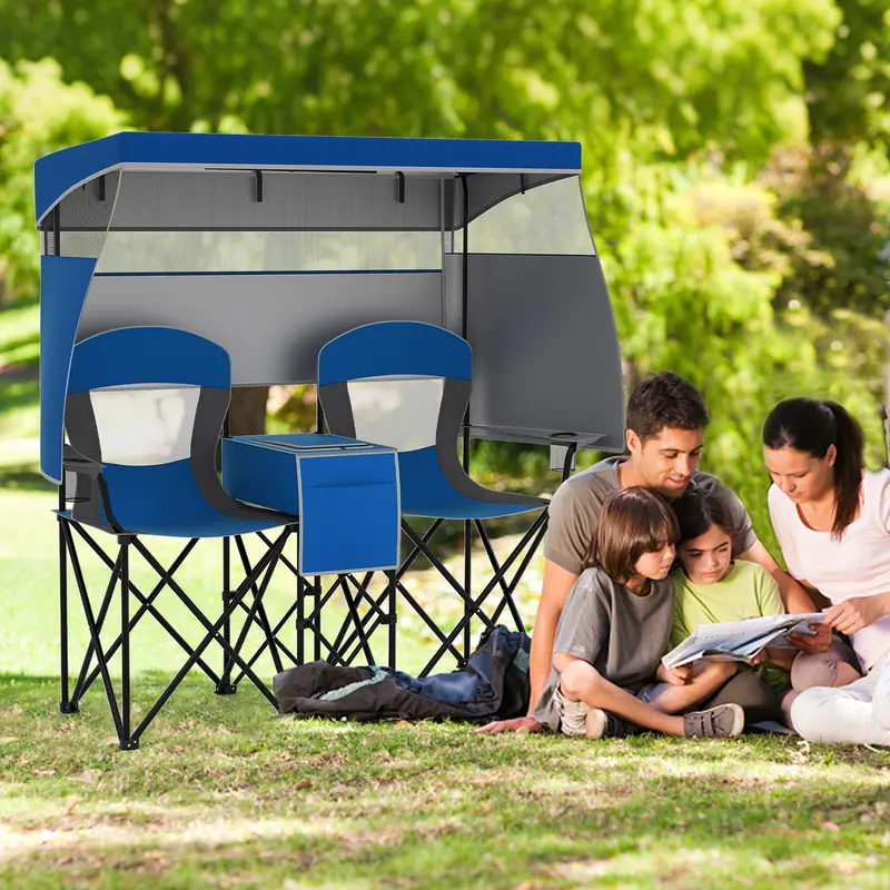 Silla de playa doble COSTWAY con toldo ajustable, silla de camping plegable extragrande con parasol enrollable, bolsa térmica, portavasos, bolsa de transporte, sofá portátil para 2 personas para pesca deportiva.