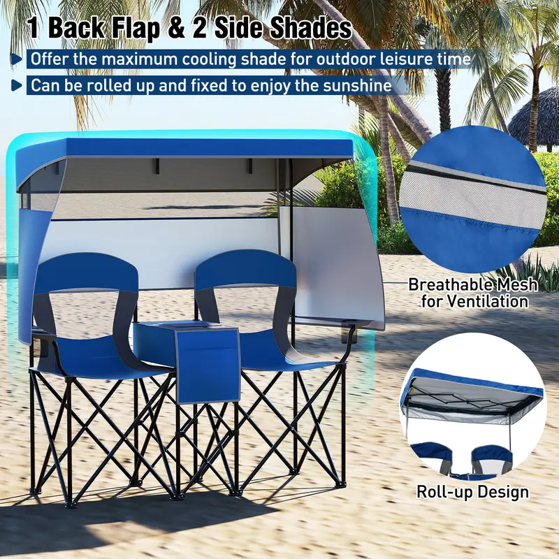 Silla de playa doble COSTWAY con toldo ajustable, silla de camping plegable extragrande con parasol enrollable, bolsa térmica, portavasos, bolsa de transporte, sofá portátil para 2 personas para pesca deportiva.