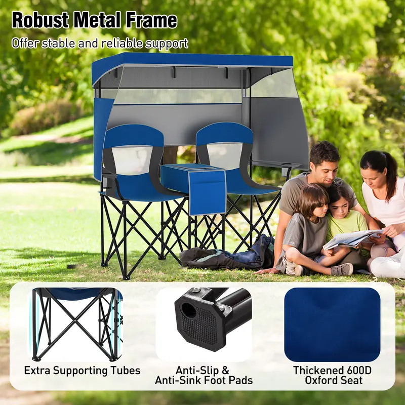 Silla de playa doble COSTWAY con toldo ajustable, silla de camping plegable extragrande con parasol enrollable, bolsa térmica, portavasos, bolsa de transporte, sofá portátil para 2 personas para pesca deportiva.