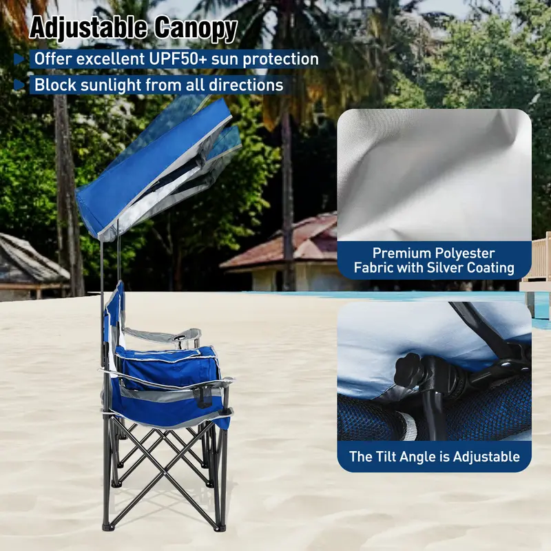Silla de playa doble COSTWAY con toldo ajustable, silla de camping plegable extragrande con parasol enrollable, bolsa térmica, portavasos, bolsa de transporte, sofá portátil para 2 personas para pesca deportiva.