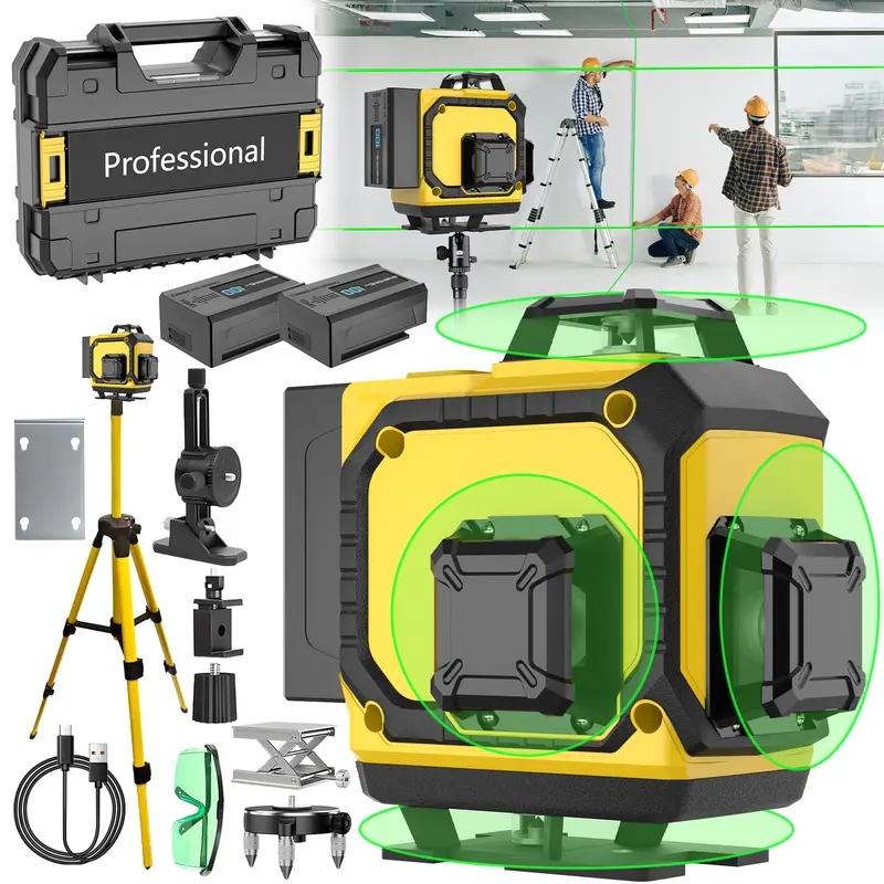 Nivel láser de 16 líneas, nivel láser verde de 4x360° con 2 baterías de litio recargables/soporte de pared para trabajos de renovación en el hogar y exteriores.
