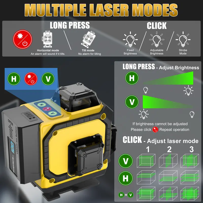 Nivel láser de 16 líneas, nivel láser verde de 4x360° con 2 baterías de litio recargables/soporte de pared para trabajos de renovación en el hogar y exteriores.