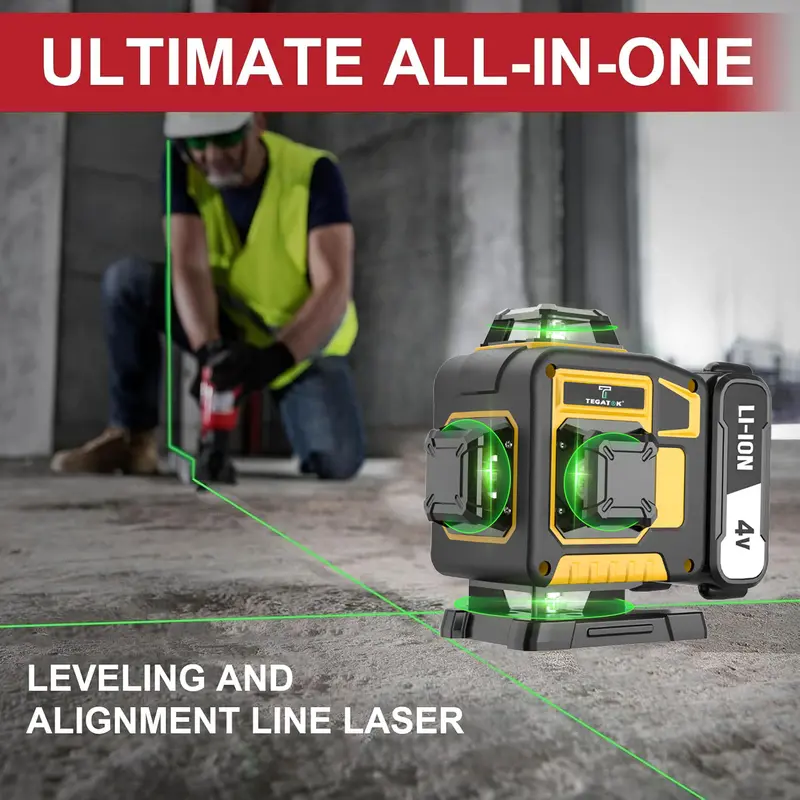 Nivel láser de 16 líneas, nivel láser verde de 4x360° con 2 baterías de litio recargables/soporte de pared para trabajos de renovación en el hogar y exteriores.