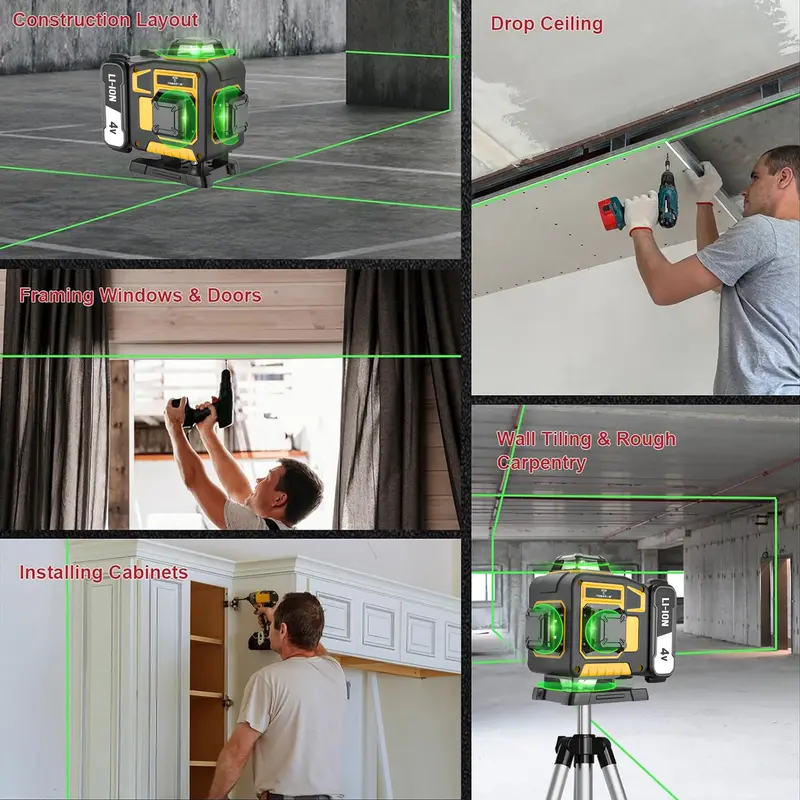 Nivel láser de 16 líneas, nivel láser verde de 4x360° con 2 baterías de litio recargables/soporte de pared para trabajos de renovación en el hogar y exteriores.