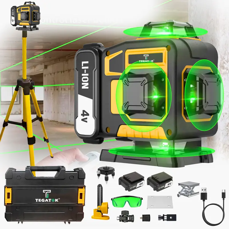 Nivel láser de 16 líneas, nivel láser verde de 4x360° con 2 baterías de litio recargables/soporte de pared para trabajos de renovación en el hogar y exteriores.
