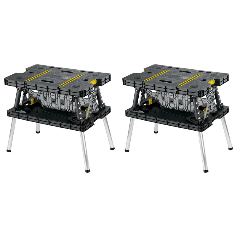 Mesa plegable portátil Keter de alta resistencia para almacenamiento de herramientas, banco de trabajo con caballete y abrazaderas de 30 cm para proyectos de bricolaje y mejoras del hogar. Fabricada en polipropileno y aluminio resistente a la intemperie.