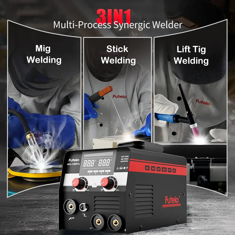 FUTELO MIG-150Pro 150A 110V Gasless Flux Core MIG Welder Machine，Flux MIG/STICK/TIG 3-in-1 Welding Machine，IGBT Synergic Control ＆ Contains 10 Accessories