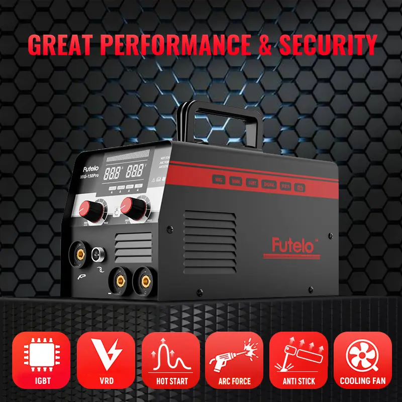 FUTELO MIG-150Pro 150A 110V Gasless Flux Core MIG Welder Machine，Flux MIG/STICK/TIG 3-in-1 Welding Machine，IGBT Synergic Control ＆ Contains 10 Accessories