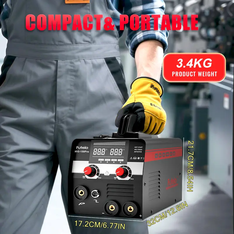 FUTELO MIG-150Pro 150A 110V Gasless Flux Core MIG Welder Machine，Flux MIG/STICK/TIG 3-in-1 Welding Machine，IGBT Synergic Control ＆ Contains 10 Accessories