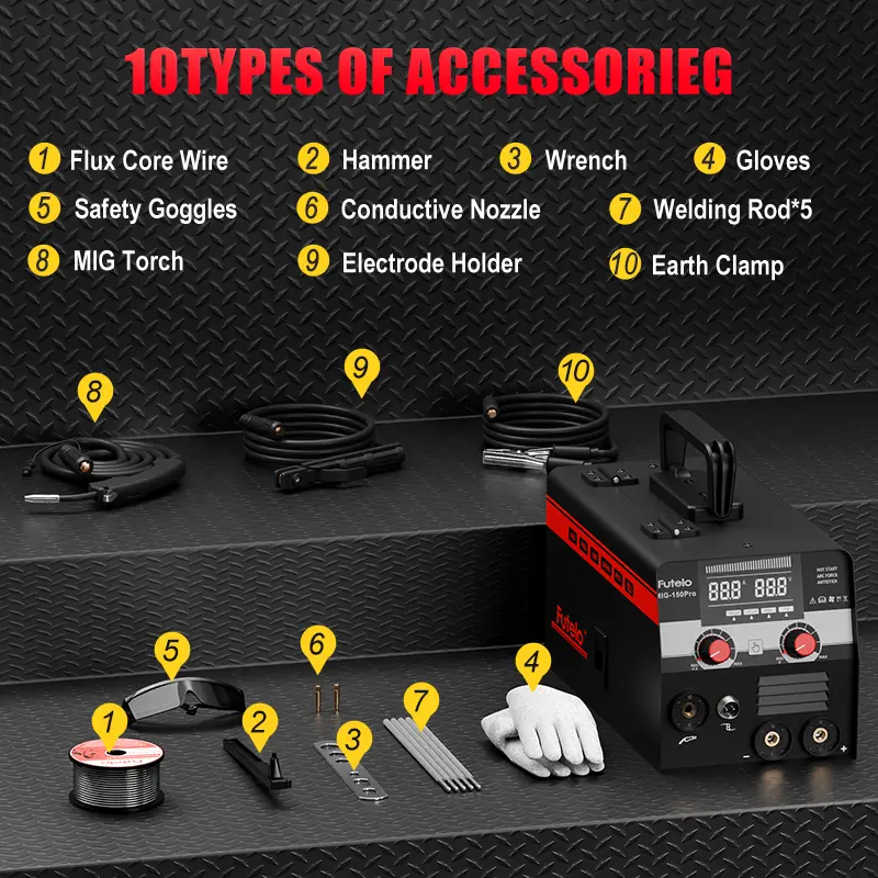 FUTELO MIG-150Pro 150A 110V Gasless Flux Core MIG Welder Machine，Flux MIG/STICK/TIG 3-in-1 Welding Machine，IGBT Synergic Control ＆ Contains 10 Accessories