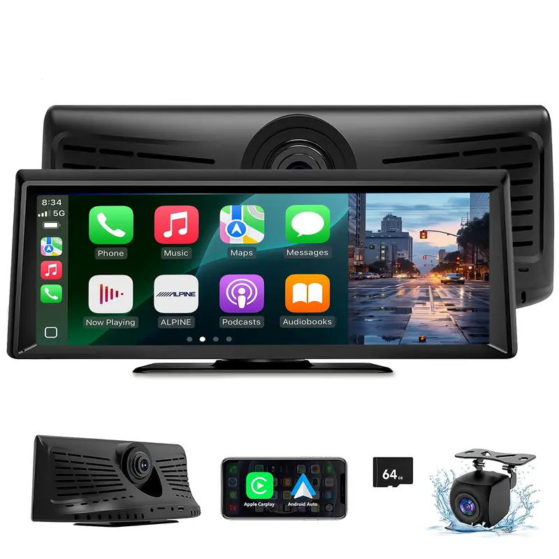Pantalla inalámbrica CarPlay con cámara de salpicadero 2K, autorradio portátil con pantalla táctil de 8,14" con CarPlay y Android Auto, cámara de visión trasera 1080P, control por voz, Bluetooth, Mirror Link, navegación GPS.