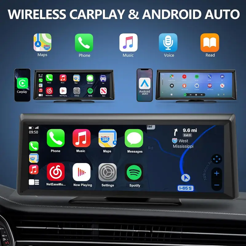 Pantalla inalámbrica CarPlay con cámara de salpicadero 2K, autorradio portátil con pantalla táctil de 8,14" con CarPlay y Android Auto, cámara de visión trasera 1080P, control por voz, Bluetooth, Mirror Link, navegación GPS.
