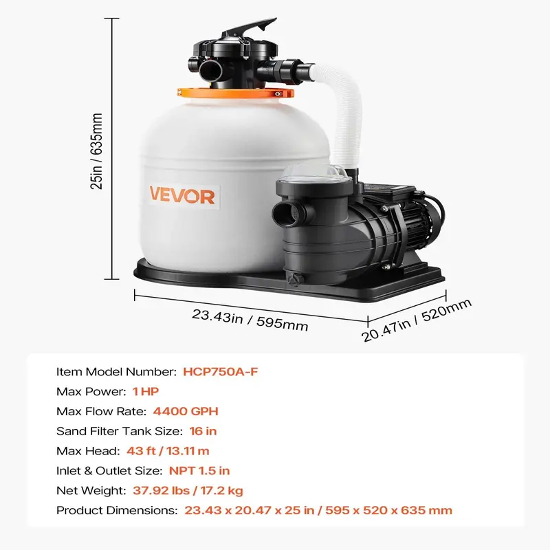 Bomba de filtro de arena VEVOR FlashPure, 16 pulgadas para piscinas elevadas, 1 HP, 4400 GPH, sistema de filtración para piscinas con temporizador, filtración 6 veces más rápida con el medio filtrante instalado, resistente a fugas, lista para usar.