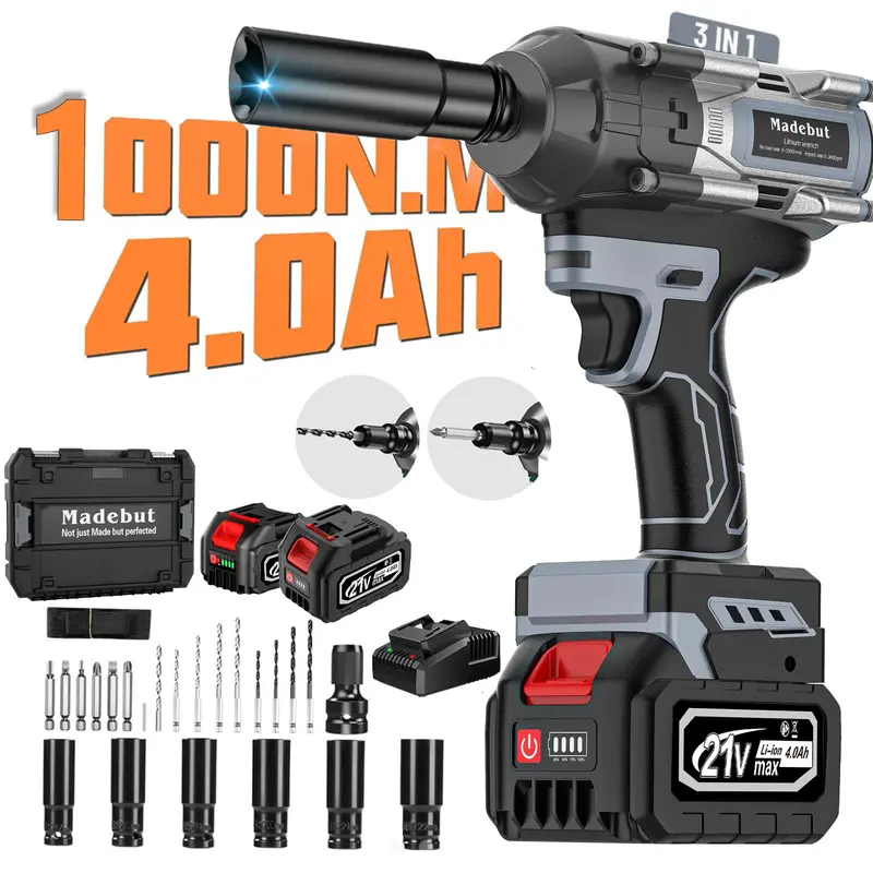 Llave de impacto inalámbrica de 1000 N·m, pistola de impacto inalámbrica totalmente metálica con 2 baterías de 4,0 Ah, llave de impacto eléctrica 3 en 1 con 5 vasos para coches y camiones.