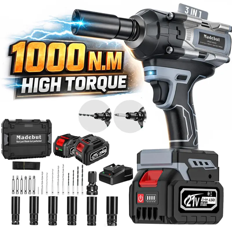 Llave de impacto inalámbrica de 1000 N·m, pistola de impacto inalámbrica totalmente metálica con 2 baterías de 4,0 Ah, llave de impacto eléctrica 3 en 1 con 5 vasos para coches y camiones.