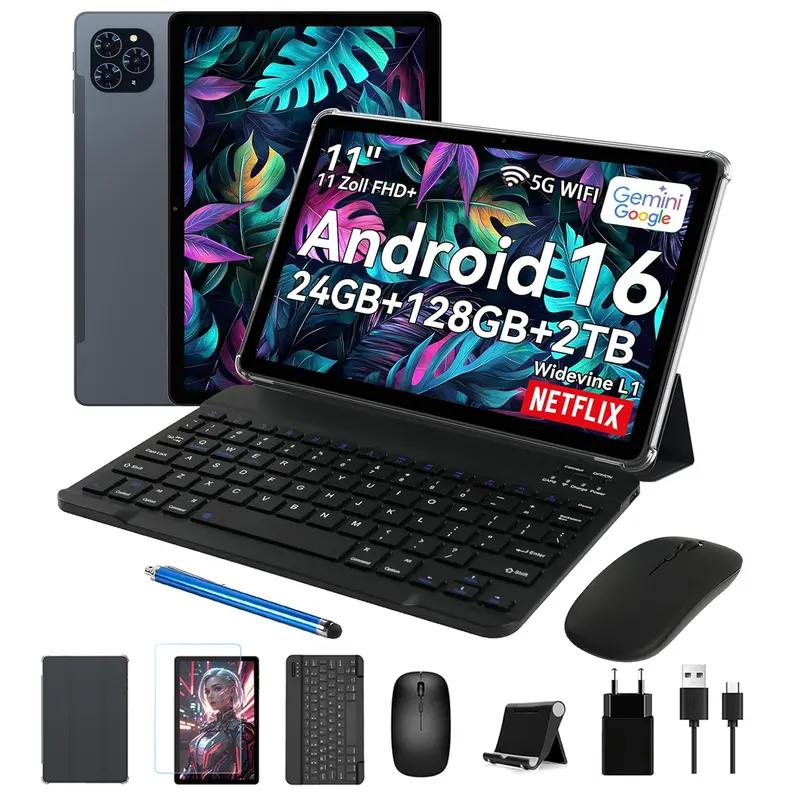 Paquete de tableta Android 16 de 11 pulgadas, 24 GB (8+16) de RAM, 128 GB de ROM (2 TB TF), 8000 mAh, CPU Octa Core T7250 + cámara de 13 MP/Gemini AI/Wi-Fi 5G + Bluetooth 5.0/Reconocimiento facial/Widevine L1, tableta 8 en 1 con teclado, ratón y lápiz ópt
