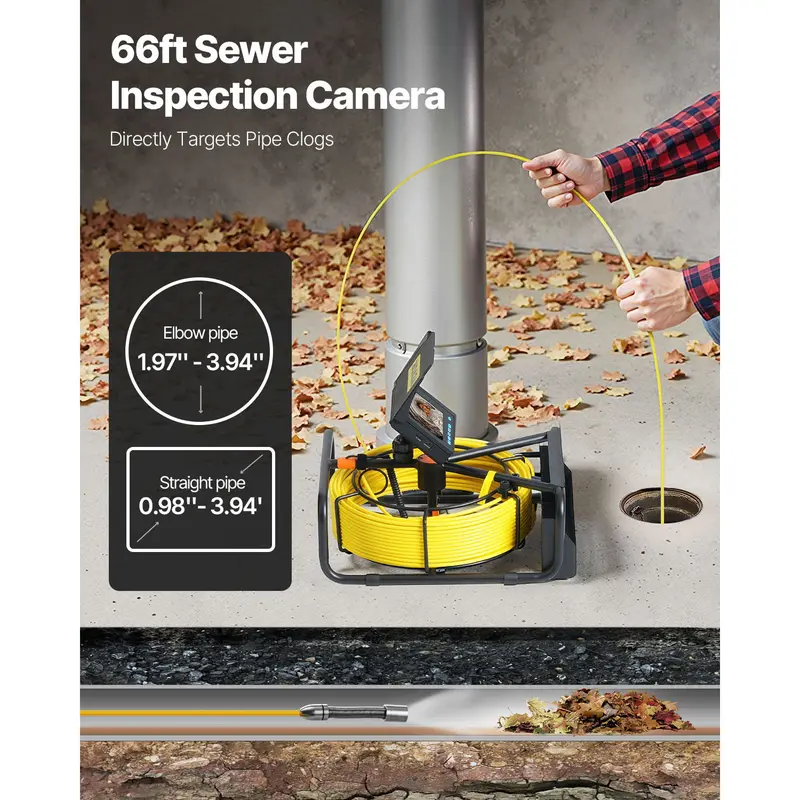 Cámara de inspección de tuberías VEVOR, Summervibes, 65.6 pies, pantalla de 4.3", cámara de inspección de tuberías con función DVR y cable flexible, endoscopio impermeable IP68 con luces LED, endoscopio industrial para tuberías de desagüe de conductos de 